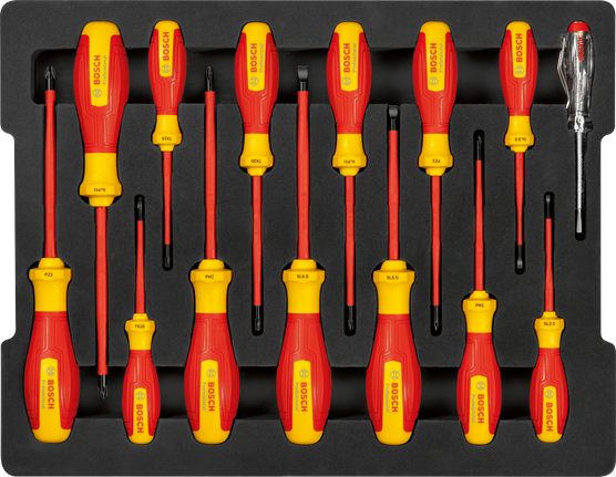 مجموعة مفكات براغي Bosch VDE متنوعة مكونة من 14 قطعة في علبة مفتوحة.